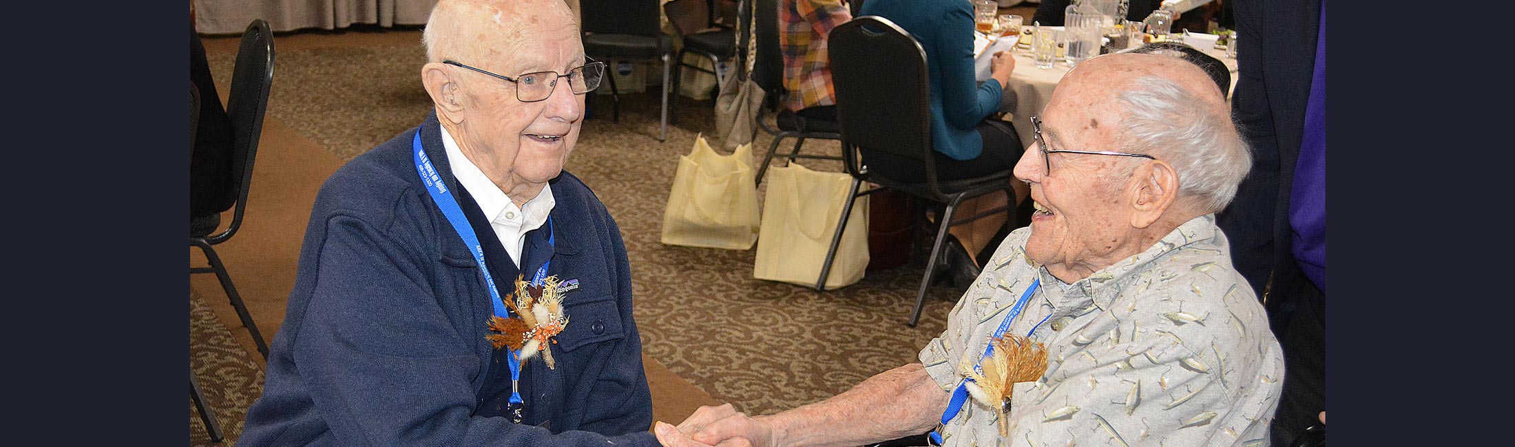 Billings residents Leonard Dahl, left, and Charles Hucke. Dahl is age 101, and Hucke is age 100. The two have been friends since their college days. Photo by DPHHS.