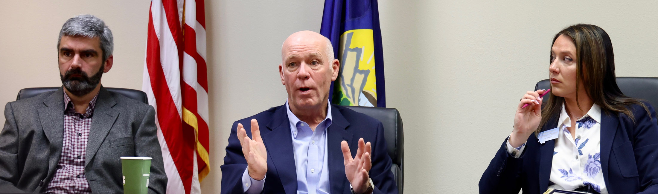 Gov. Gianforte holding a roundtable discussion in Kalispell joined by Aaron Scolfield of Rooted Families (left) and Rep. Courtenay Sprunger, R-Kalispell 