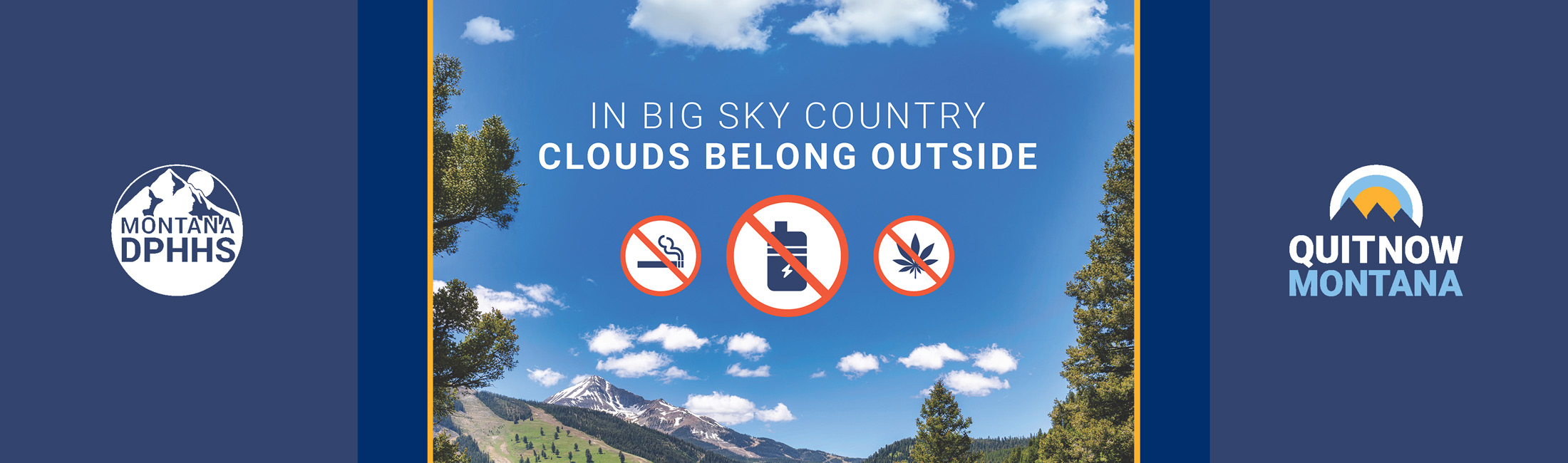 mountains and trees with no smoking icons floating in the clouds