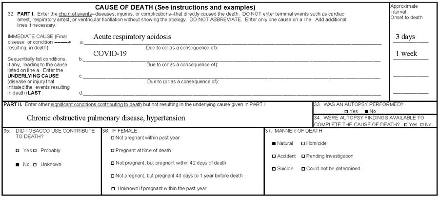 Scenario 1 Example. Part 1 line A, Acute Respiratory acidosis; Line B, COVID-19  