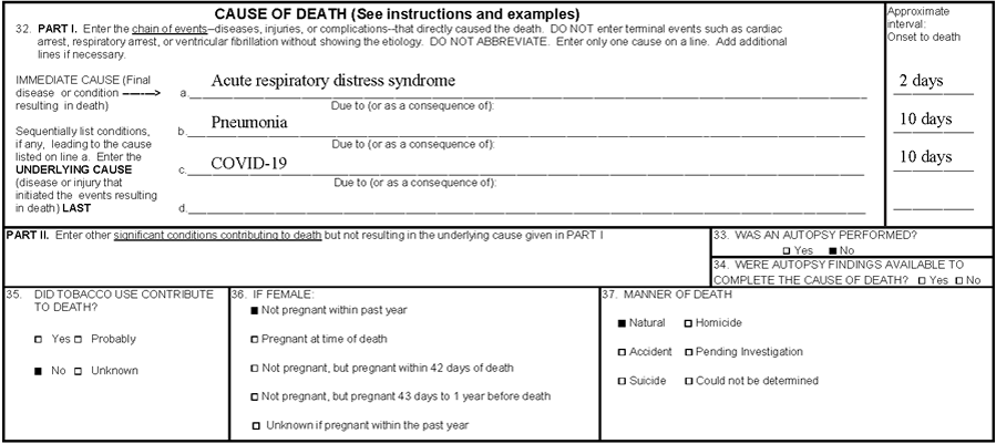 Scenario 2 Example. Part 1 line A, Acute Respiratory Distress Syndrome; Line B, Pneumonia; Line C, COVID-19.  