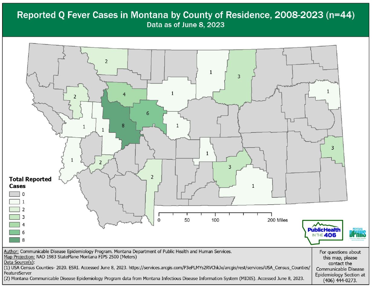 Map of the distribution of Q fever cases in Montana between 2008-2023 (n=44).