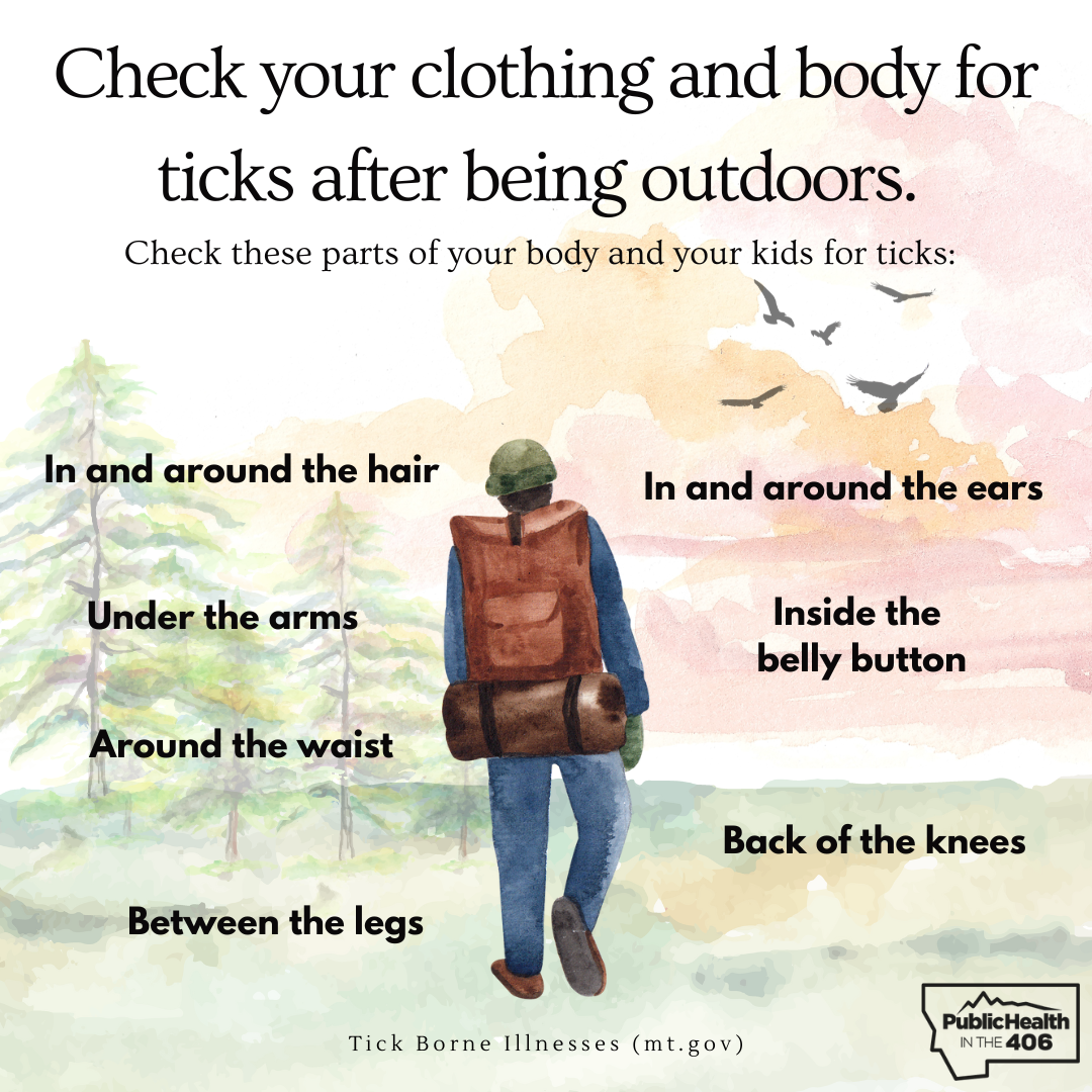 Check your clothing and body for ticks after being outdoors