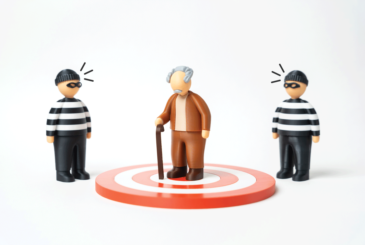 Illustration of old man standing with a cane on a red-and-white target with two theives looking on in the background