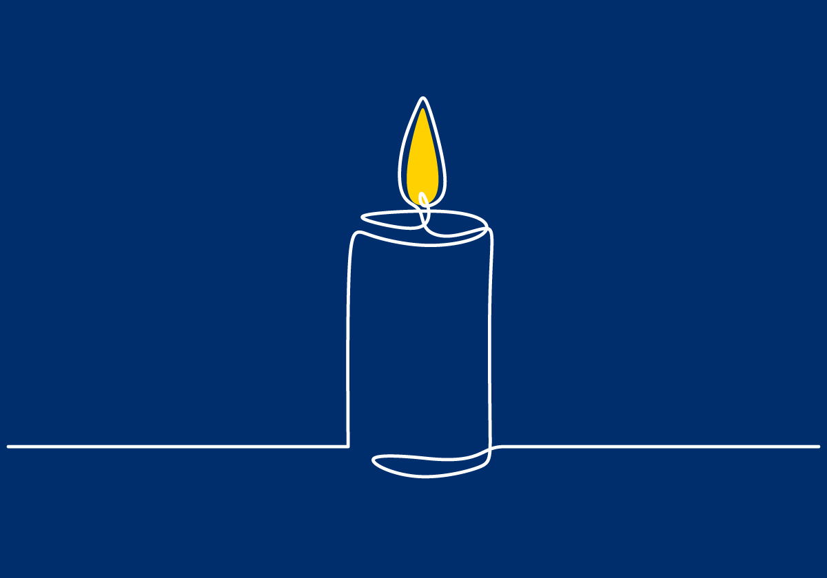 White line drawing of a burning candle with yellow flame on blue background