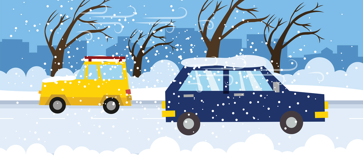 illustration of a blue car and yellow car driving in opposite directions through a winter landscape