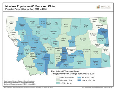 Montana Population 60 Years and Older: Projected Percentage Change from 2020 to 2030