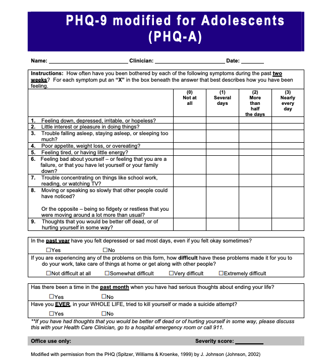PHQ-9 modified for Adolescents (PHQ-A)